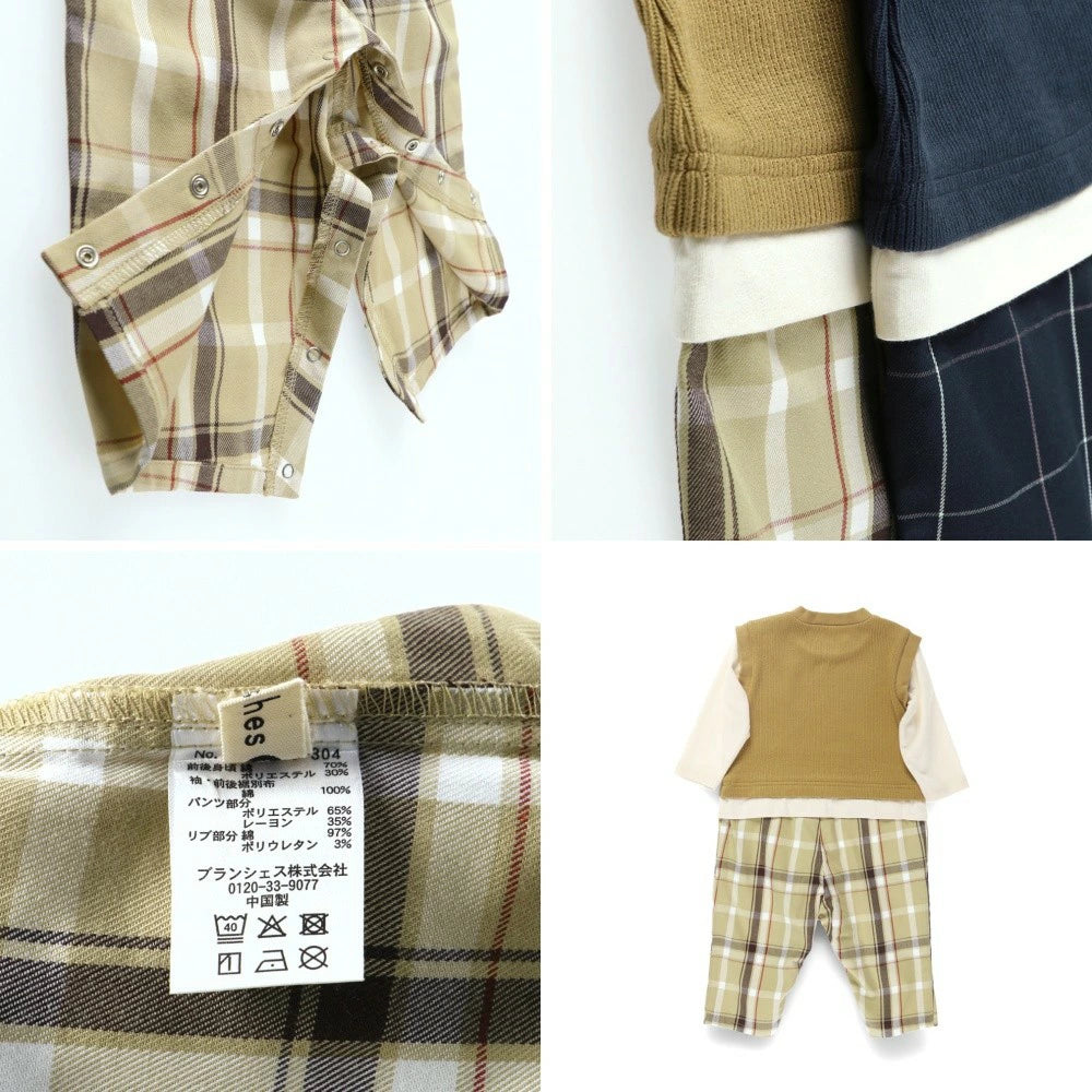 日本童裝 Branshes 格仔拼接假兩件連衣 70-80cm 男童款 秋季 Jumpsuit
