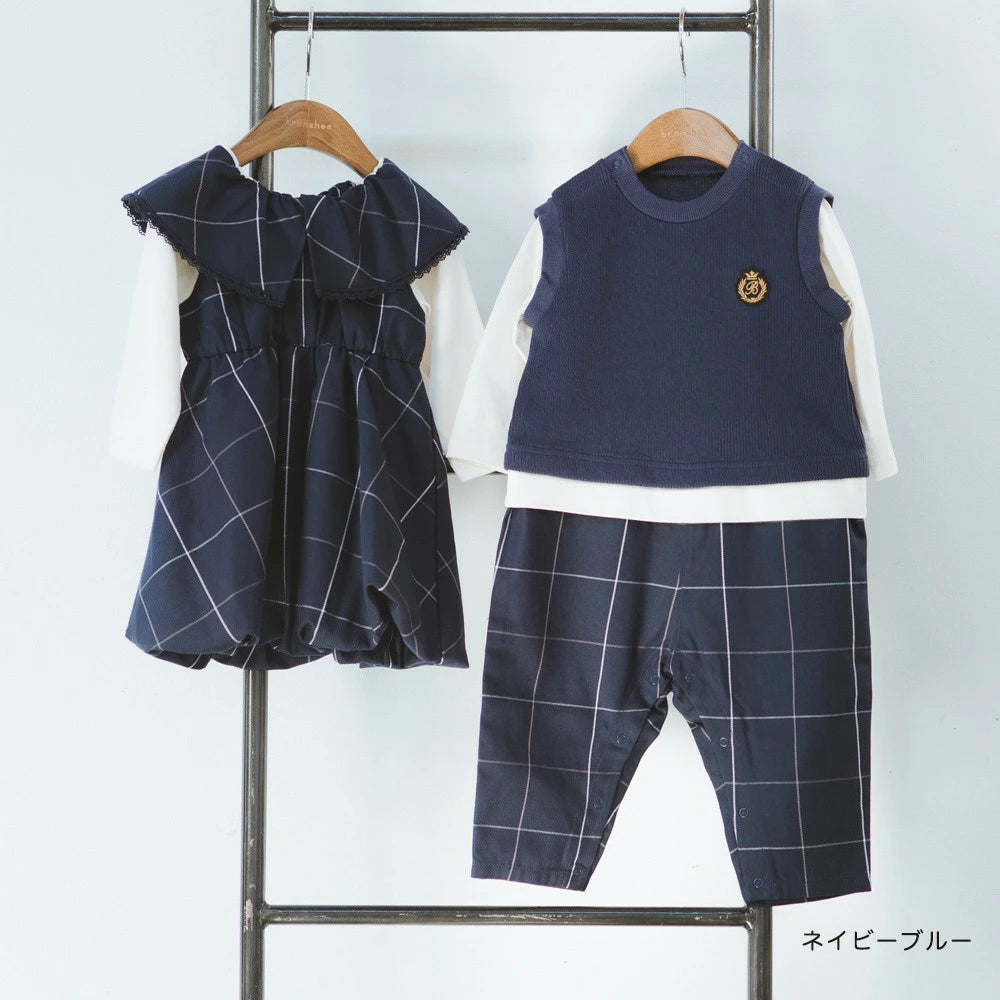 日本童裝 Branshes 格仔拼接假兩件連衣 70-80cm 男童款 秋季 Jumpsuit