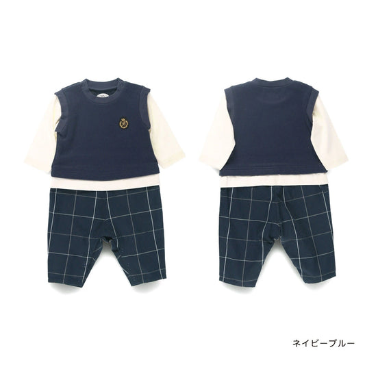 日本童裝 Branshes 格仔拼接假兩件連衣 70-80cm 男童款 秋季 Jumpsuit
