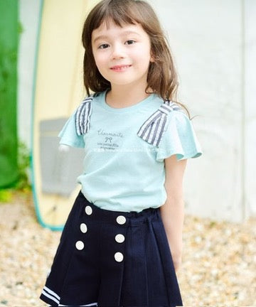 Japanese children's clothing aF#a325 bow shoulder sleeve top 90-160cm girls summer TOPS