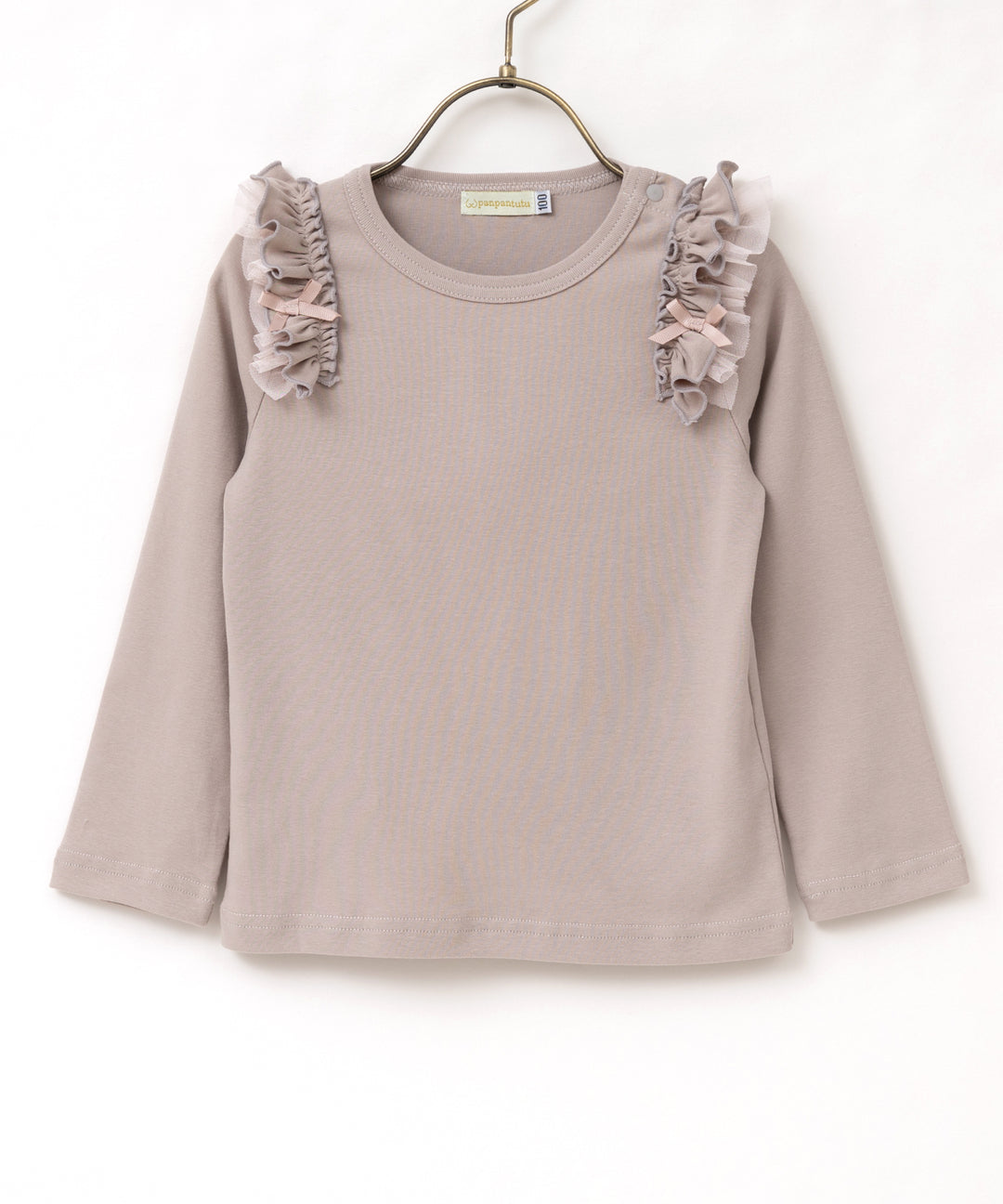 Japanese children's clothing panpantutu milk tea color ruffle shoulder top 80-150cm girls summer TOPS