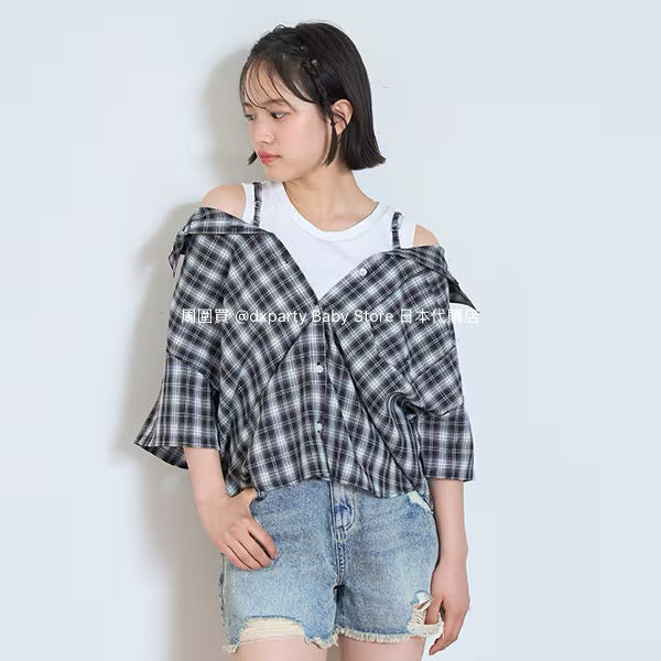 Lovetoxic Japanese children's clothing fake two-piece off-the-shoulder shirt 130-160cm girls summer TOPS