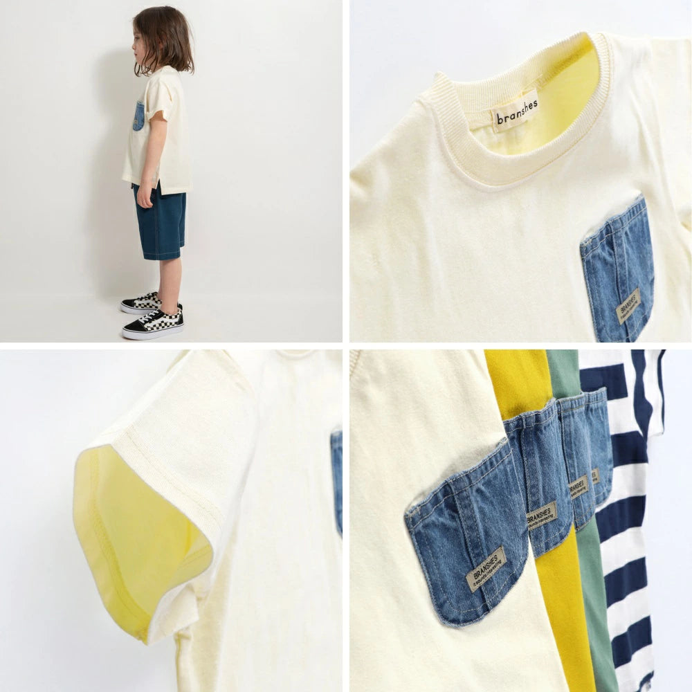 Japanese children's clothing Branches denim pocket top 80-160cm boys summer TOPS