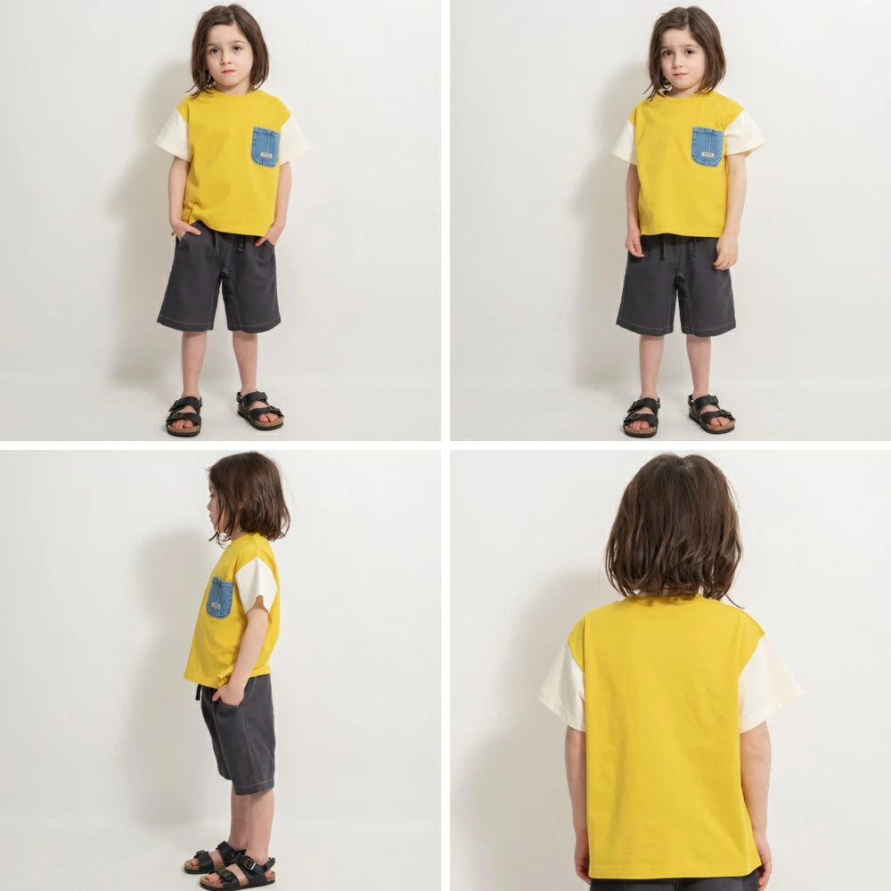 Japanese children's clothing Branches denim pocket top 80-160cm boys summer TOPS