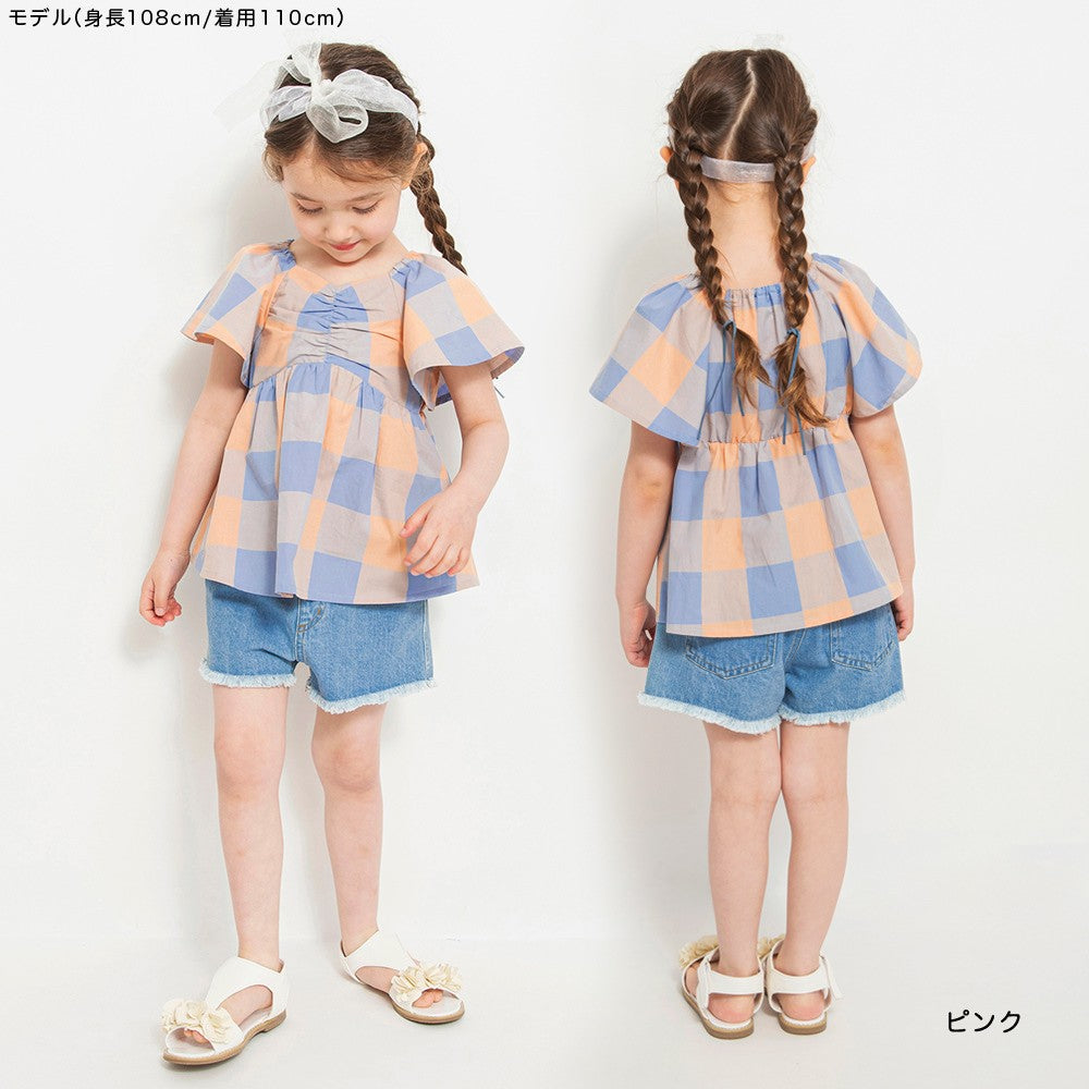 Japanese children's clothing Branches plaid waist top 80-150cm girls summer TOPS