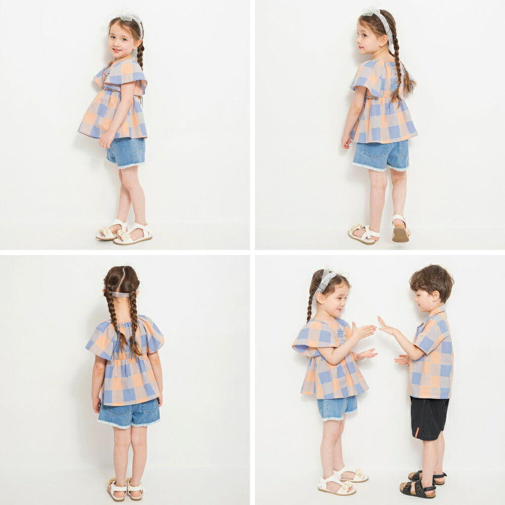 Japanese children's clothing Branches plaid waist top 80-150cm girls summer TOPS