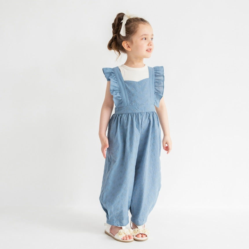Japanese children's clothing Branches shoulder embroidery ruffle jumpsuit 90-150cm girls summer jumpsuit