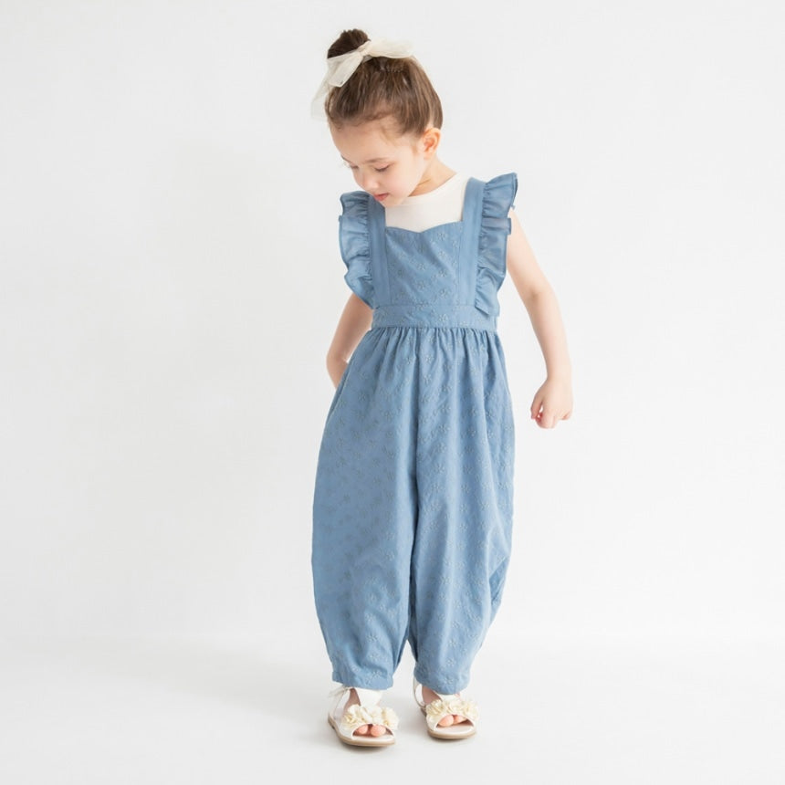 Japanese children's clothing Branches shoulder embroidery ruffle jumpsuit 90-150cm girls summer jumpsuit