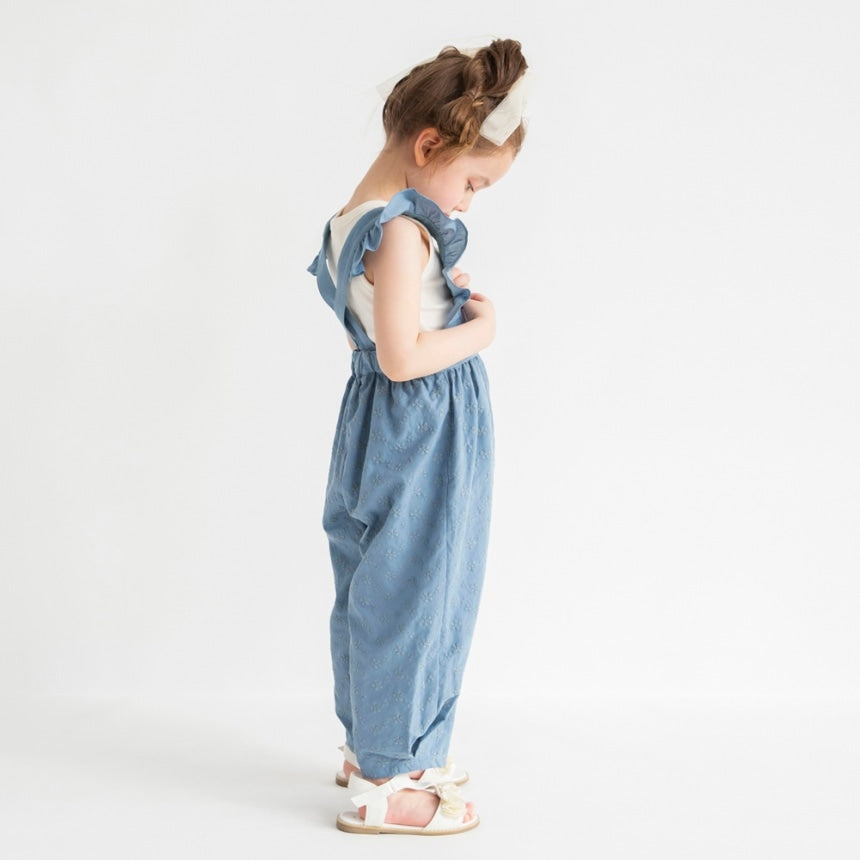 Japanese children's clothing Branches shoulder embroidery ruffle jumpsuit 90-150cm girls summer jumpsuit