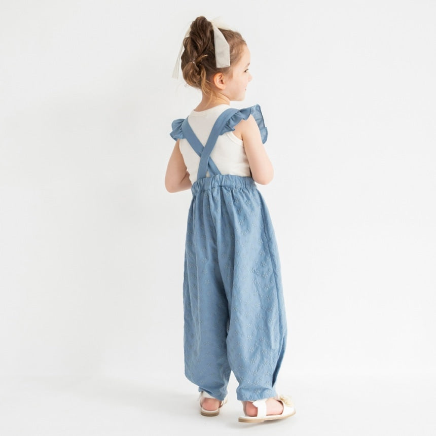 Japanese children's clothing Branches shoulder embroidery ruffle jumpsuit 90-150cm girls summer jumpsuit