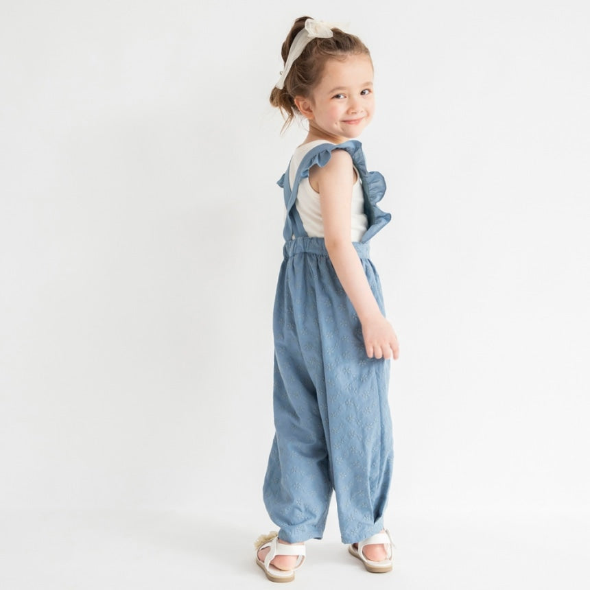 Japanese children's clothing Branches shoulder embroidery ruffle jumpsuit 90-150cm girls summer jumpsuit