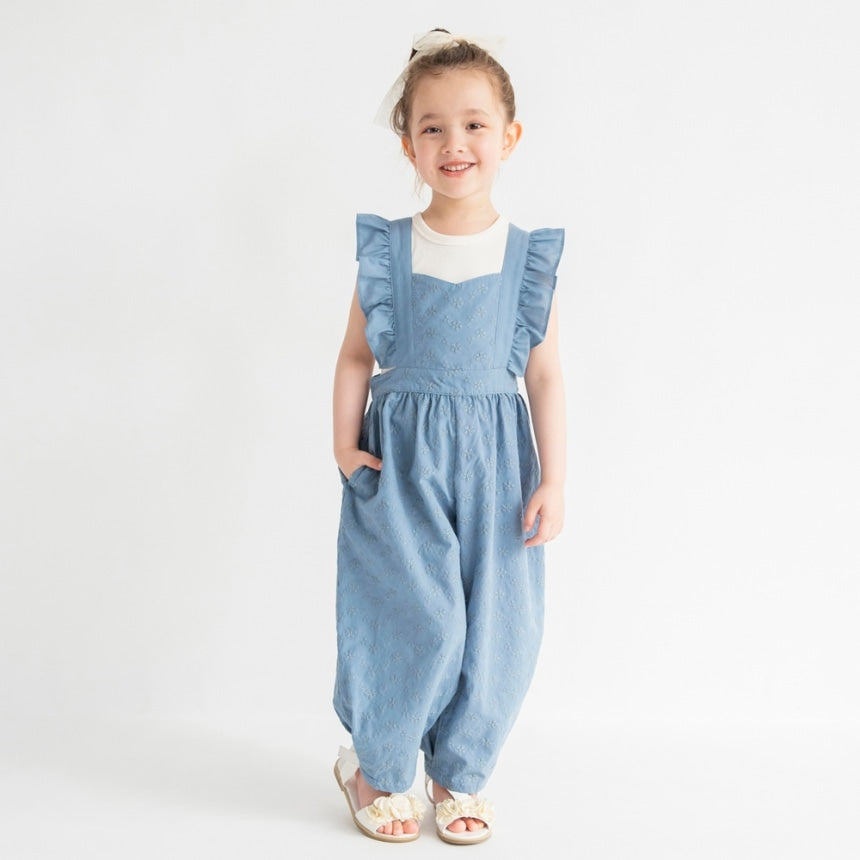 Japanese children's clothing Branches shoulder embroidery ruffle jumpsuit 90-150cm girls summer jumpsuit