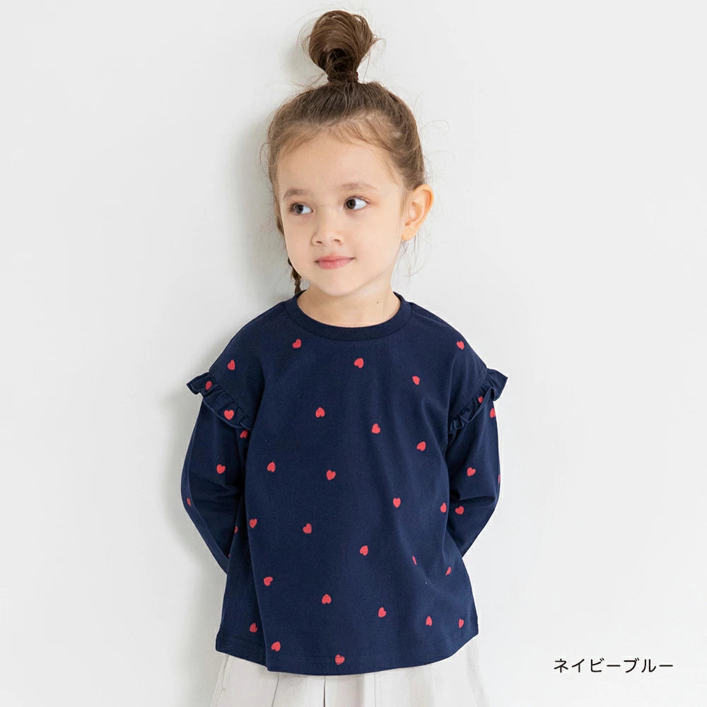 日本童裝 Branshes 印花花邊袖上衣 80-130cm 女童款 秋季 TOPS 聖誕紅/新年紅