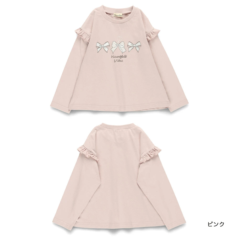日本童裝 Branshes 印花花邊袖上衣 80-130cm 女童款 秋季 TOPS 聖誕紅/新年紅