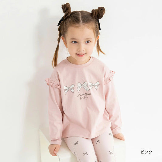 日本童裝 Branshes 印花花邊袖上衣 80-130cm 女童款 秋季 TOPS 聖誕紅/新年紅