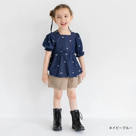 日本童裝 Branshes 蝴蝶結刺繡牛仔上衣 80-150cm 女童款 秋季 TOPS