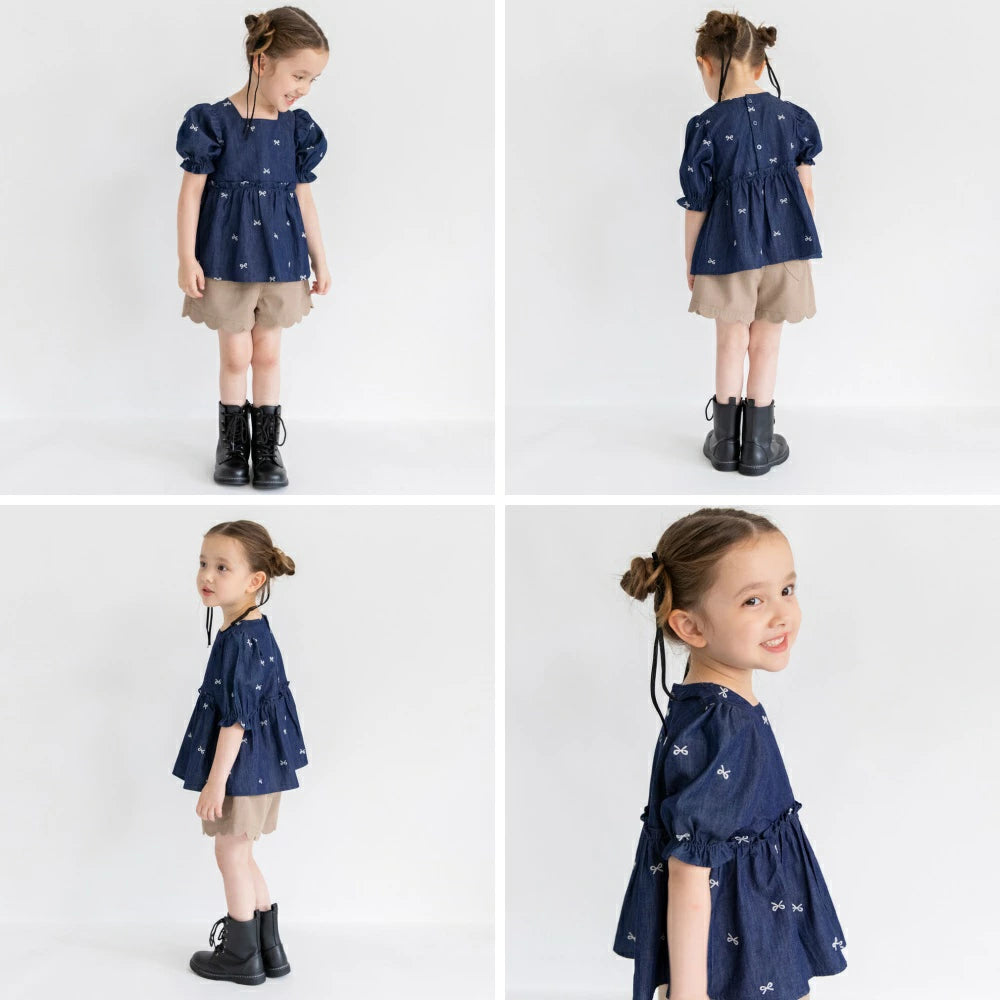 日本童裝 Branshes 蝴蝶結刺繡牛仔上衣 80-150cm 女童款 秋季 TOPS