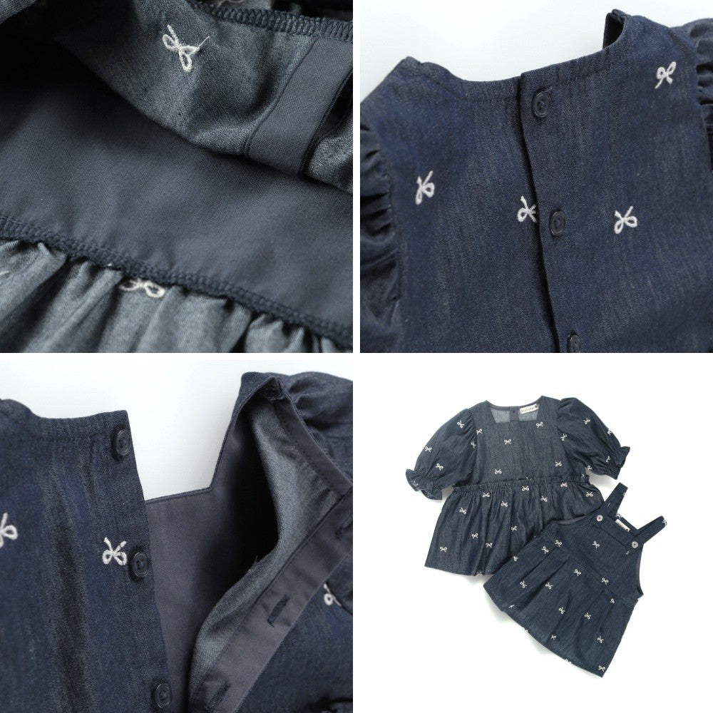 日本童裝 Branshes 蝴蝶結刺繡牛仔上衣 80-150cm 女童款 秋季 TOPS