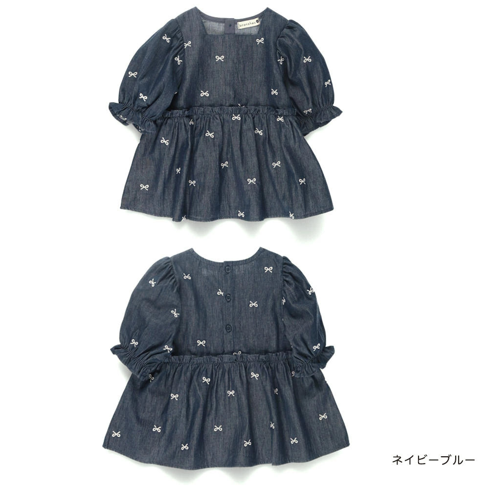 日本童裝 Branshes 蝴蝶結刺繡牛仔上衣 80-150cm 女童款 秋季 TOPS