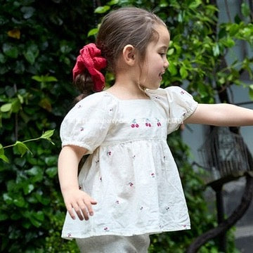 Japanese children's clothing pe#main cherry embroidered top 80-130cm girls summer TOPS