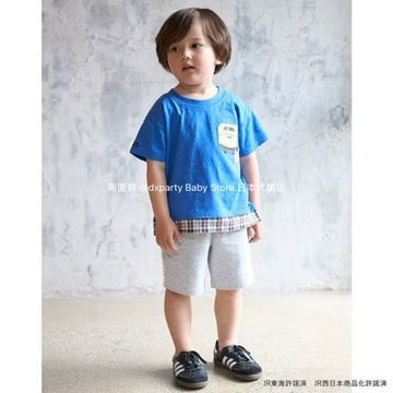 Japanese children's clothing pe#main x Shinkansen plaid appliqué short-sleeved top 80-130cm boys' summer TOPS railway series