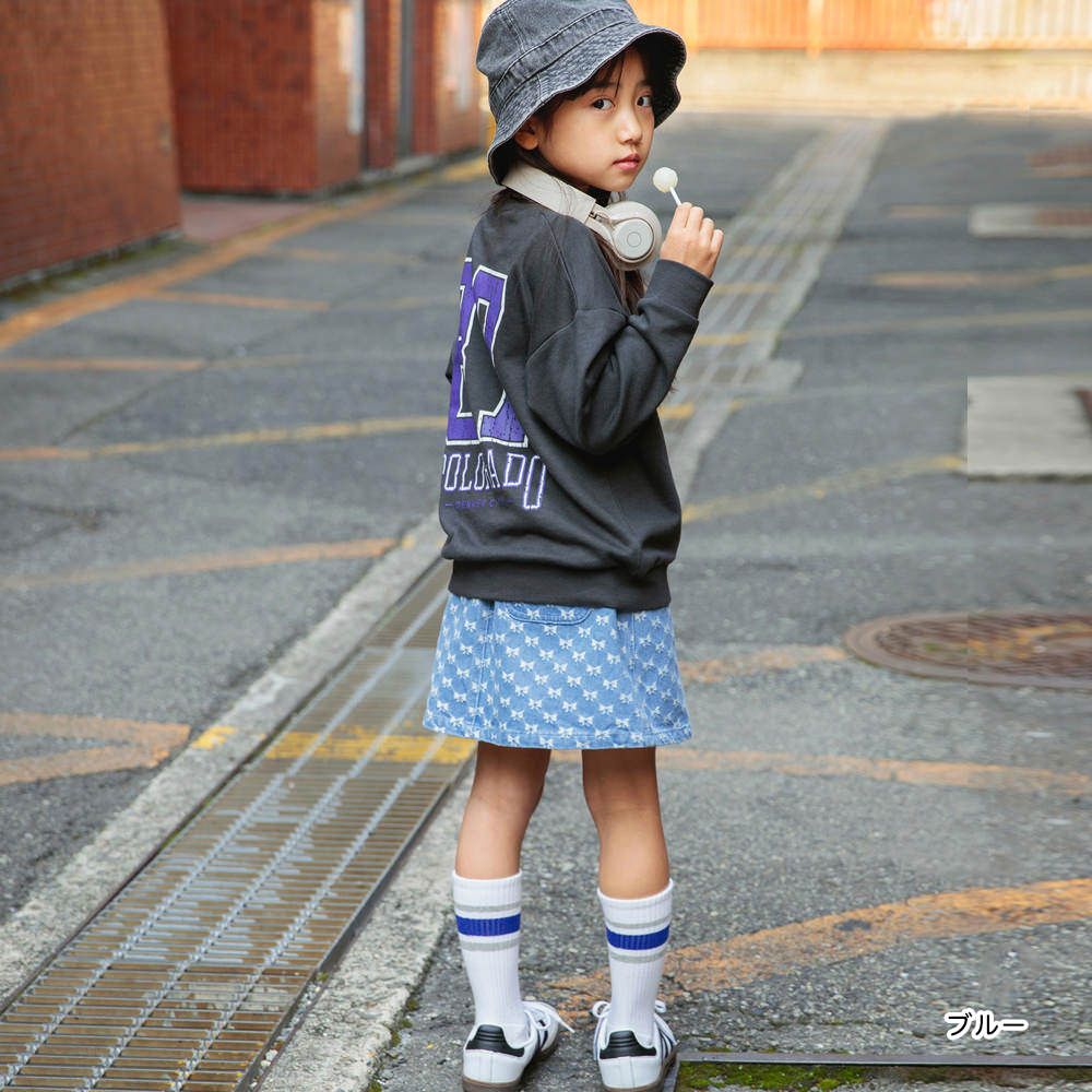 Japanese Children's Clothing Branches Bow Pattern Denim Skirt 100-150cm Girls Spring SKIRTS