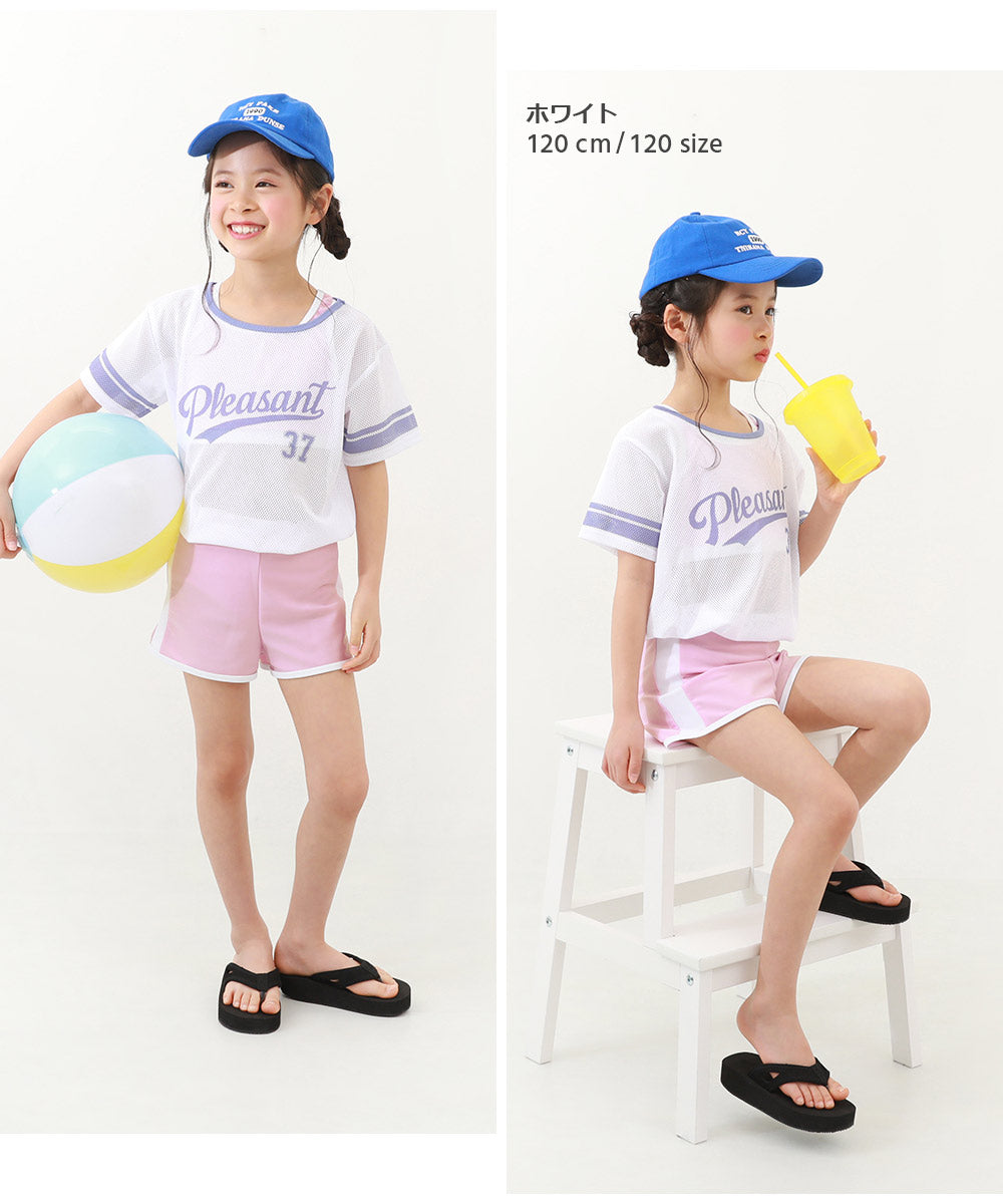 Japanese dev!rock children's clothing: UV-blocking two-piece swimsuit and mesh T-shirt (100-160cm). Girls' summer tops and pants. Summer swimwear special.