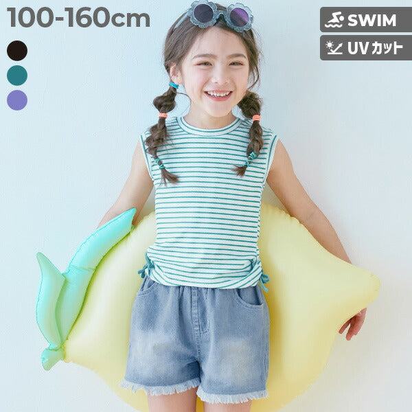 Japanese dev!rock UV-blocking two-piece swimsuit and denim shorts set (100-160cm) for girls. Summer TOPS PANTS. Summer swimsuit special.