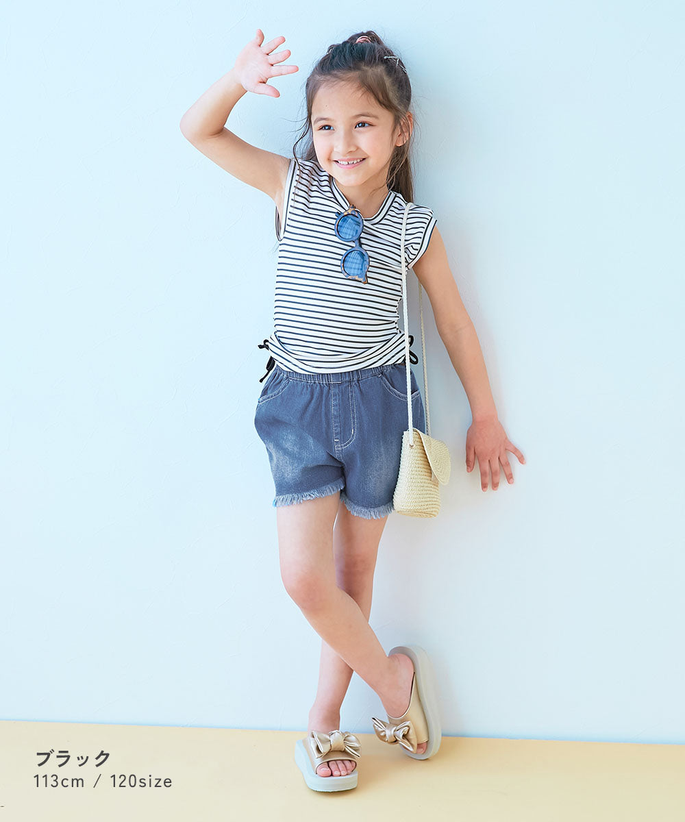Japanese dev!rock UV-blocking two-piece swimsuit and denim shorts set (100-160cm) for girls. Summer TOPS PANTS. Summer swimsuit special.