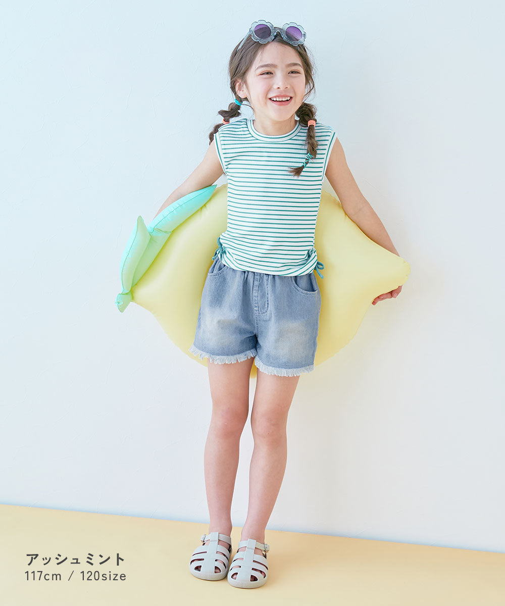 Japanese dev!rock UV-blocking two-piece swimsuit and denim shorts set (100-160cm) for girls. Summer TOPS PANTS. Summer swimsuit special.