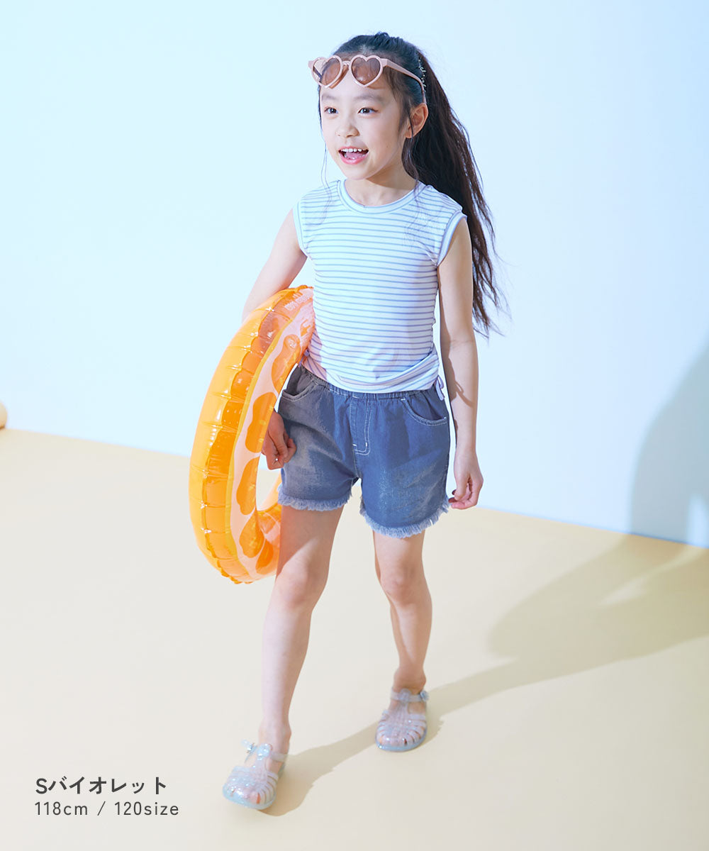 Japanese dev!rock UV-blocking two-piece swimsuit and denim shorts set (100-160cm) for girls. Summer TOPS PANTS. Summer swimsuit special.