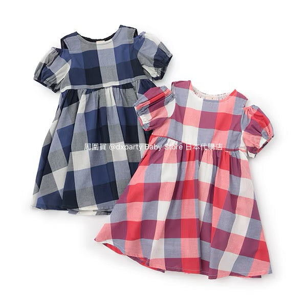 Japanese children's clothing pe#main off-the-shoulder checkered dress 80-130cm girls summer dresses