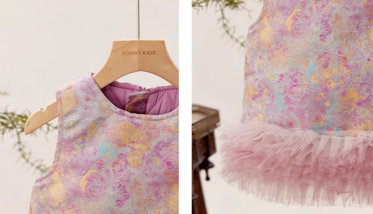 新年童裝 粉金綺夢紗邊唐裝背心 90-150cm 女童款 新年中式華服唐裝 新春馬年 2026年 AAA