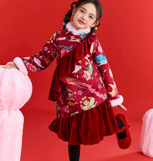 新年童裝 天馬行空抓毛連身裙 100-150cm 女童款 新年中式華服唐裝 新春馬年 2026年 AAA