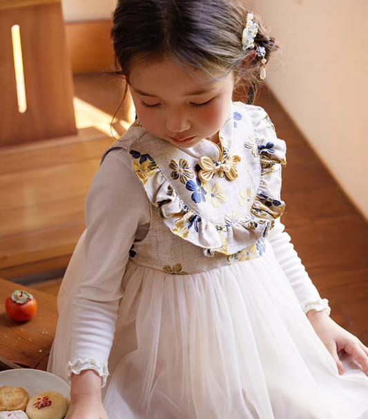 新年童裝 月珠藍田唐裝背心/旗袍網紗背心裙 90-150cm 男童款/女童款 新年中式華服唐裝 新春馬年 2026年 AAA