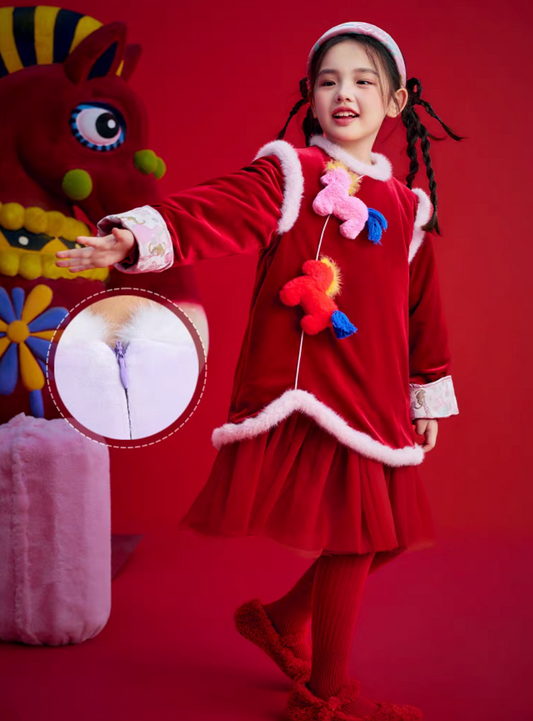 新年童裝 馬到成功絲絨拼紗連身裙 100-150cm 女童款 新年中式華服唐裝 新春馬年 2026年 AAA