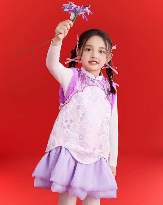 新年童裝 馬年吉祥珠片拼絲背心裙 100-150cm 女童款 新年中式華服唐裝 新春馬年 2026年 AAA