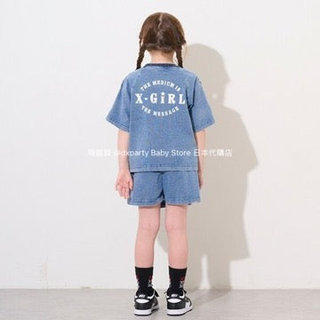 Japanese X-girl Stages Denim Two-Piece Set (80-140cm) for Girls (Summer TOPS PANTS)