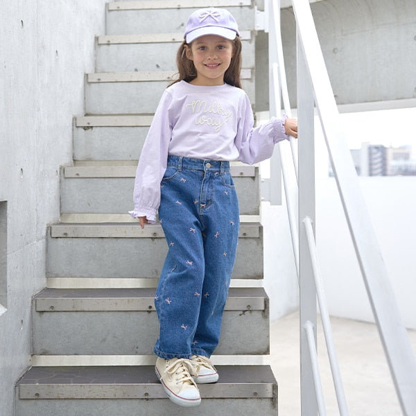 Japanese children's clothing Ly# mine puff sleeve embroidered letter top 100-150cm girls spring and summer TOPS