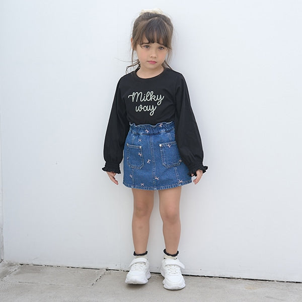 Japanese children's clothing Ly# mine puff sleeve embroidered letter top 100-150cm girls spring and summer TOPS