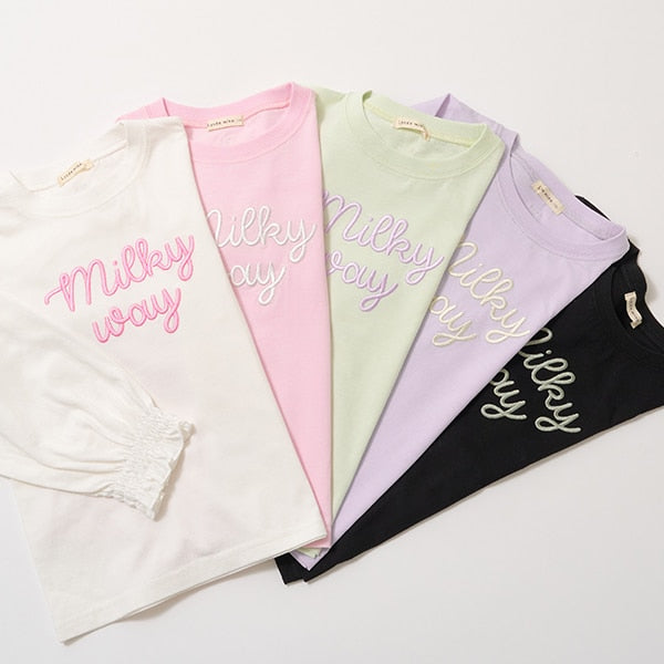 Japanese children's clothing Ly# mine puff sleeve embroidered letter top 100-150cm girls spring and summer TOPS