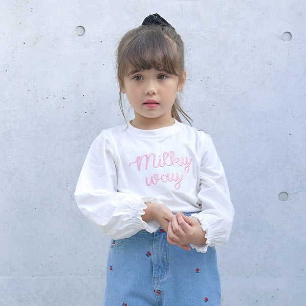 Japanese children's clothing Ly# mine puff sleeve embroidered letter top 100-150cm girls spring and summer TOPS