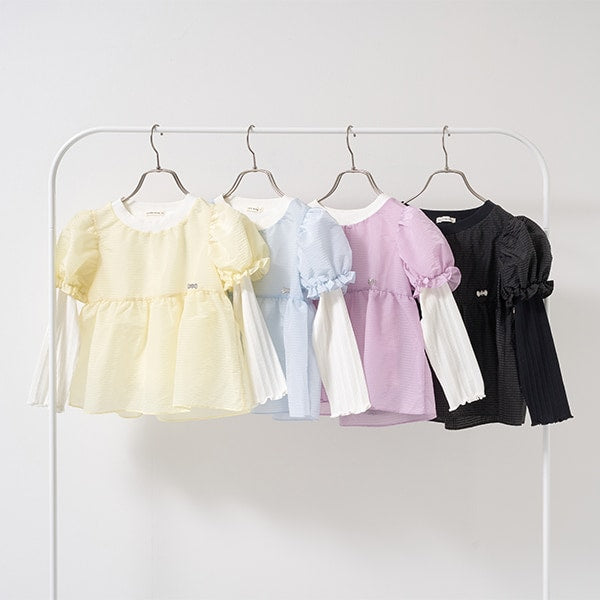 Japanese children's clothing Ly# mine fake two-piece puff sleeve top 100-150cm girls spring and summer TOPS