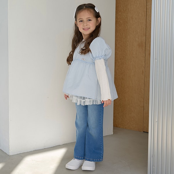 Japanese children's clothing Ly# mine fake two-piece puff sleeve top 100-150cm girls spring and summer TOPS