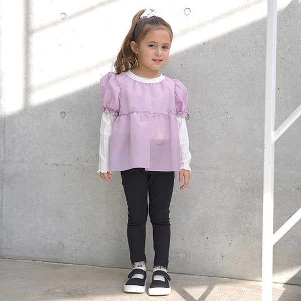 Japanese children's clothing Ly# mine fake two-piece puff sleeve top 100-150cm girls spring and summer TOPS