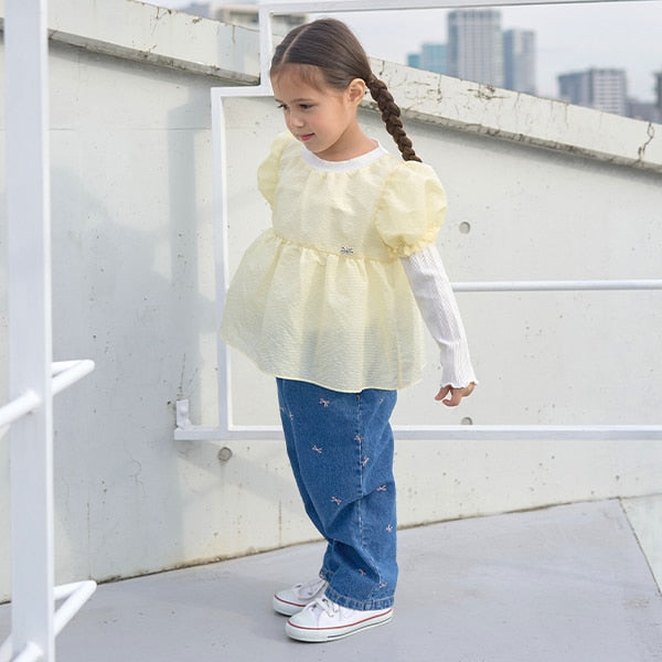 Japanese children's clothing Ly# mine fake two-piece puff sleeve top 100-150cm girls spring and summer TOPS
