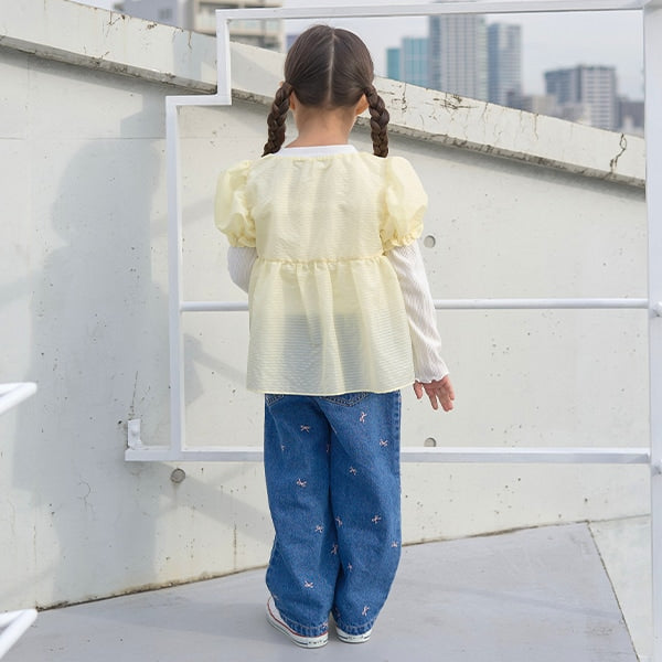 Japanese children's clothing Ly# mine fake two-piece puff sleeve top 100-150cm girls spring and summer TOPS