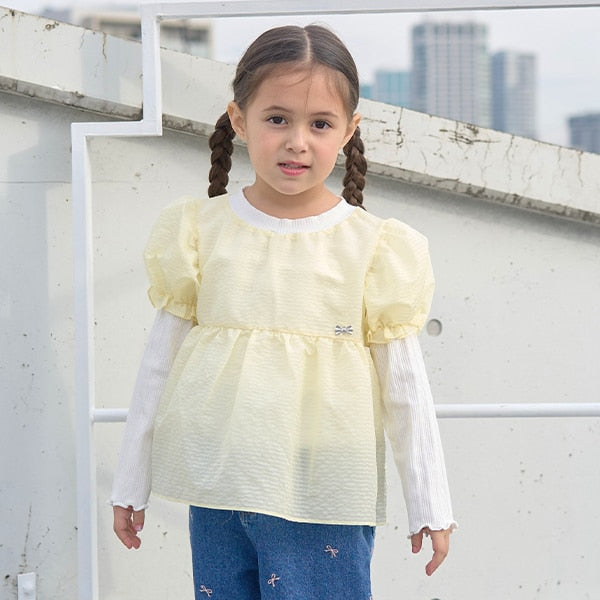 Japanese children's clothing Ly# mine fake two-piece puff sleeve top 100-150cm girls spring and summer TOPS