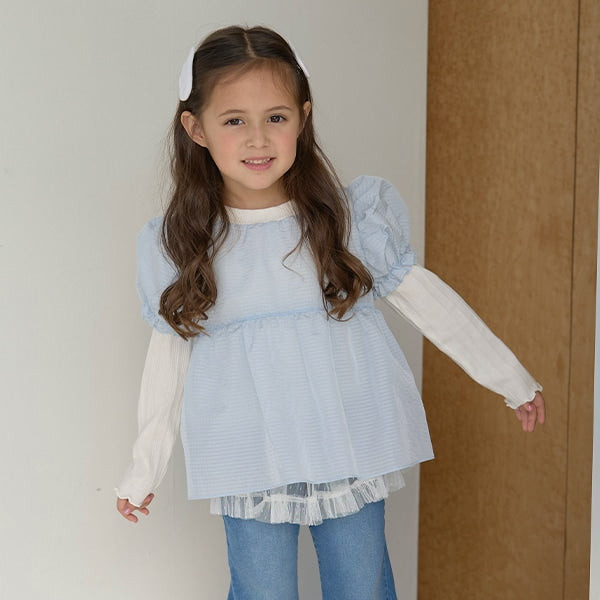 Japanese children's clothing Ly# mine fake two-piece puff sleeve top 100-150cm girls spring and summer TOPS