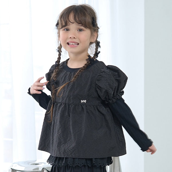 Japanese children's clothing Ly# mine fake two-piece puff sleeve top 100-150cm girls spring and summer TOPS